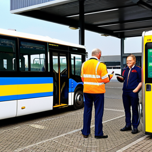 Home 25 **Image Prompt:** A modern, brightly lit bus depot in the Netherlands. An electric bus is charging at a station, with a diverse group of bus drivers in uniform standing nearby, some using tablets and others chatting. Focus on showcasing the technology and the human element of modern public transportation in a Dutch setting.