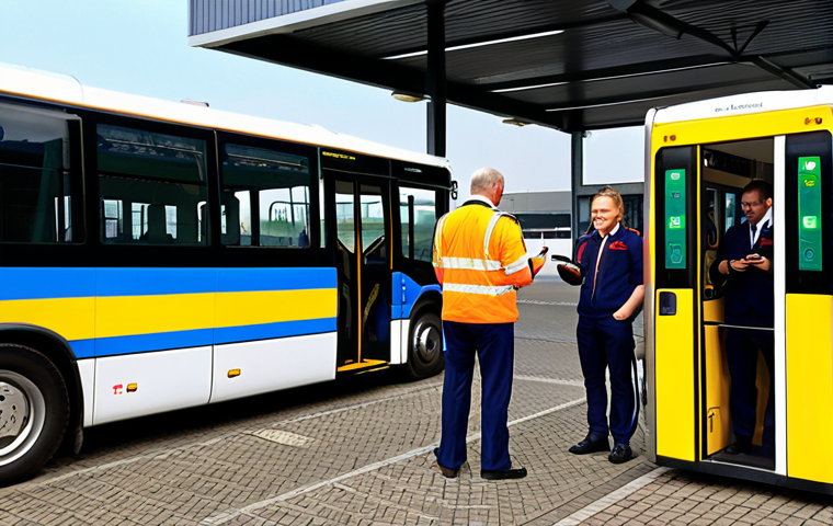 **Image Prompt:** A modern, brightly lit bus depot in the Netherlands. An electric bus is charging at a station, with a diverse group of bus drivers in uniform standing nearby, some using tablets and others chatting. Focus on showcasing the technology and the human element of modern public transportation in a Dutch setting.