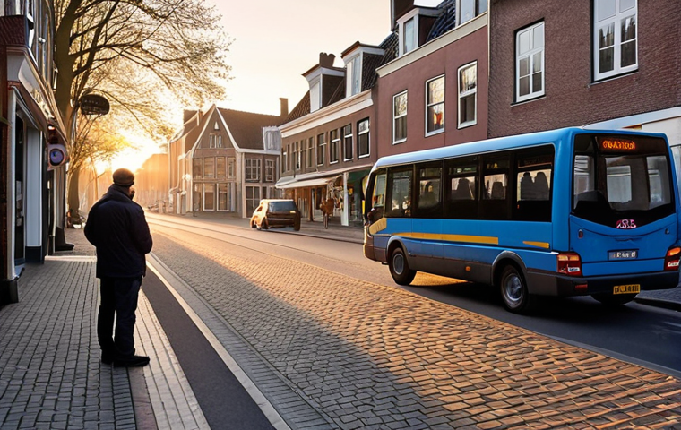 **
A public transport driver in the early morning, checking their bus before their first route. The scene is a quiet street in a Dutch town, with the first light of dawn breaking. A bakery is opening in the background. Focus on the driver's sense of calm and preparation.
**