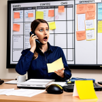 **Image Prompt:** A stressed transport dispatcher in a bustling office, juggling phone calls and computer screens filled with delivery schedules, highlighting the challenges of time management and communication in stressful situations. Include elements like coffee cups, sticky notes, and a whiteboard with prioritized tasks. The scene should convey a sense of urgency but also competence.