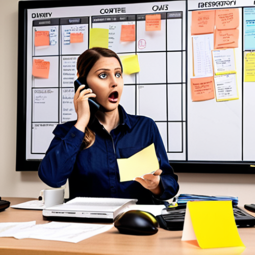 Home 23 **Image Prompt:** A stressed transport dispatcher in a bustling office, juggling phone calls and computer screens filled with delivery schedules, highlighting the challenges of time management and communication in stressful situations. Include elements like coffee cups, sticky notes, and a whiteboard with prioritized tasks. The scene should convey a sense of urgency but also competence.
