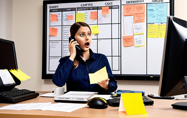 **Image Prompt:** A stressed transport dispatcher in a bustling office, juggling phone calls and computer screens filled with delivery schedules, highlighting the challenges of time management and communication in stressful situations. Include elements like coffee cups, sticky notes, and a whiteboard with prioritized tasks. The scene should convey a sense of urgency but also competence.