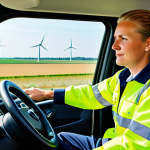 A focused professional Dutch truck driver, male or female, wearing a modest and appropriate transport company uniform, with a comfortable, high-visibility work shirt and durable trousers, sitting in the ergonomic driver's seat of a modern, well-maintained truck cabin. The driver's hands are calmly on the steering wheel, indicating perfect anatomy and well-formed hands, with a natural pose. Through the windshield, a typical Dutch highway scene is visible with green fields and distant wind turbines under a clear sky. The image emphasizes professionalism, concentration, and the importance of anticipation. The setting is bright and clean, showcasing a high-quality professional photograph. safe for work, appropriate content, fully clothed, professional, correct proportions, natural body proportions.