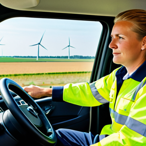 Home 22 A focused professional Dutch truck driver, male or female, wearing a modest and appropriate transport company uniform, with a comfortable, high-visibility work shirt and durable trousers, sitting in the ergonomic driver's seat of a modern, well-maintained truck cabin. The driver's hands are calmly on the steering wheel, indicating perfect anatomy and well-formed hands, with a natural pose. Through the windshield, a typical Dutch highway scene is visible with green fields and distant wind turbines under a clear sky. The image emphasizes professionalism, concentration, and the importance of anticipation. The setting is bright and clean, showcasing a high-quality professional photograph. safe for work, appropriate content, fully clothed, professional, correct proportions, natural body proportions.