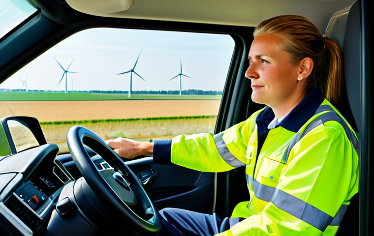 A focused professional Dutch truck driver, male or female, wearing a modest and appropriate transport company uniform, with a comfortable, high-visibility work shirt and durable trousers, sitting in the ergonomic driver's seat of a modern, well-maintained truck cabin. The driver's hands are calmly on the steering wheel, indicating perfect anatomy and well-formed hands, with a natural pose. Through the windshield, a typical Dutch highway scene is visible with green fields and distant wind turbines under a clear sky. The image emphasizes professionalism, concentration, and the importance of anticipation. The setting is bright and clean, showcasing a high-quality professional photograph. safe for work, appropriate content, fully clothed, professional, correct proportions, natural body proportions.